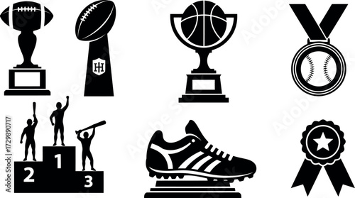 Vector art of collection of sports trophies, medals, and equipment