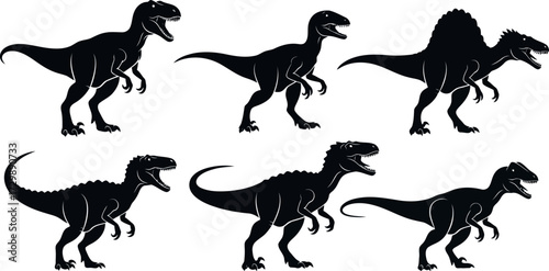 Vector art of collection of six black dinosaur silhouettes in various poses