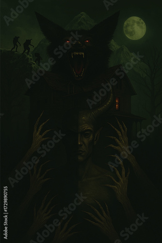Dark and evil gothic fashion woman in a scary witch costume with death skull makeup, flying on a broom against a black night background with bats