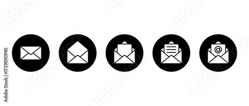 Email envelope icon set. Close, open mail, incoming letter, text message, and inbox with mention symbol in black circle