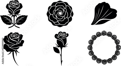 Vector art of collection of six black and white rose illustrations, including single roses, a rose wreath, and a rose petal
