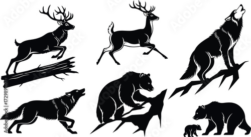 Vector art of collection of wild animals silhouettes including deer, wolves, and bears