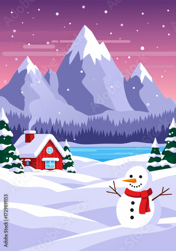 Idyllic winter landscape background with snow-covered mountains, a charming cabin, and a friendly snowman, providing serene copy space