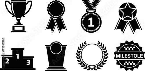 Vector art of collection of award and achievement icons including trophy, medal, and podium
