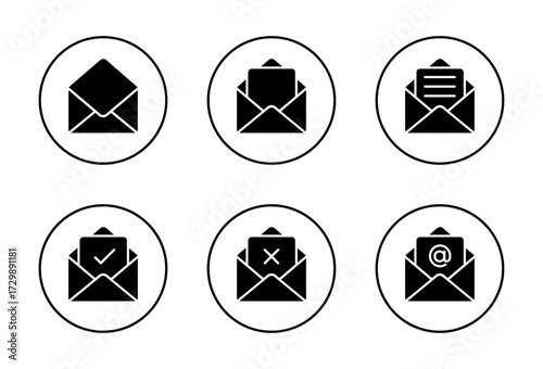Open email envelope icon set. Message symbol with check, cross, text, and mention sign in circular outline