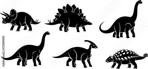 Vector art of collection of six black dinosaur silhouettes isolated on a