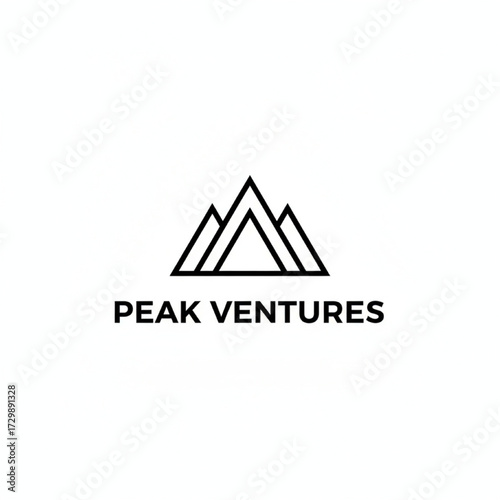 Minimalist mountain logo for an outdoor apparel brand named Peak Ventures. Use three simple, stacked triangles to form a mountain range. Clean, bold lines. Sans-serif font for the name