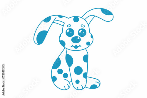 Blue polka dotted puppy sits cheerfully with its ears flopped forward in the simple art
