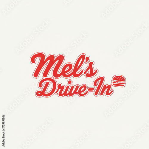 Retro script wordmark logo for a diner called Mel's Drive-In. Classic 1950s-style swirling script typography. Incorporate a small, simple hamburger icon next to the name. Red and white color scheme