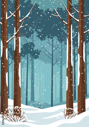 Winter forest illustration with snow-covered trees, a serene frosty background and ample copy space, perfect for seasonal designs