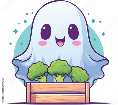 broccoli mascot, cartoon ghost, cute lifestyle, ghost cartoon, halloween kawaii, kawaii character, local market, market scene, pastel illustration, vegetable shopping