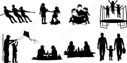 Vector art of silhouettes of family and children enjoying outdoor activities and playtime