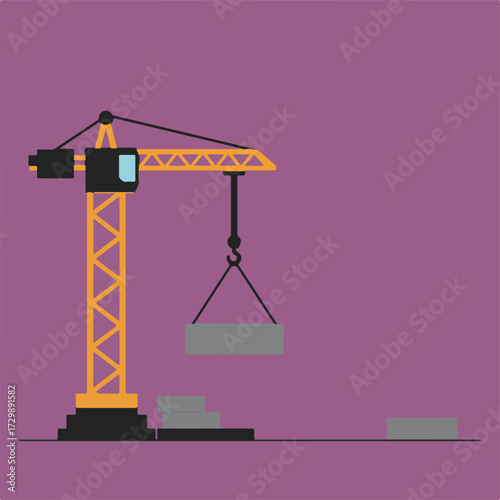 A vector illustration of a yellow and black construction crane lifting a grey block in front of a purple background with bricks on the ground.