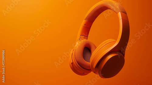 Wireless over-ear orange headphones on orange background with minimalist and modern tech aesthetic