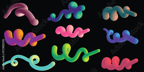 Vibrant neon swirls create abstract forms in nine distinct colorful arrangements isolated on white background