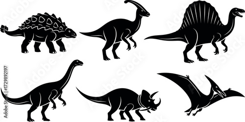 Vector art of collection of black dinosaur silhouettes