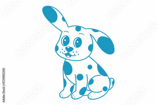 Blue spotted cartoon puppy is sitting cheerfully on a white clean background