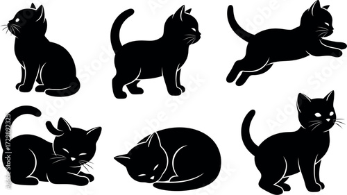 Vector art of set of black cat silhouettes in various poses