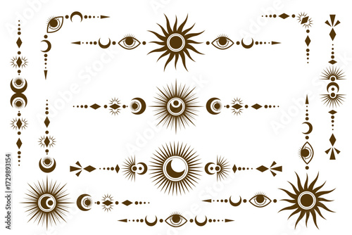 Celestial border line with magic stars. Vector tarot frame with mystic pattern. Elegant divider with sun and astral symbols. Spiritual vintage corners on white background.