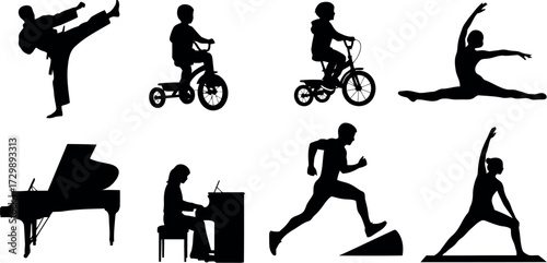 Vector art of collection of silhouette icons representing various activities and hobbies