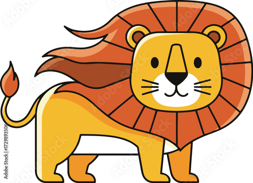 A friendly and energetic cartoon lion illustration standing in profile with its mane flowing dynamically as if blowing in the wind. 