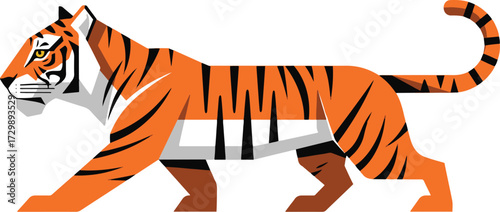 A bold and geometric Tiger illustration in a side profile, depicted mid-walk.