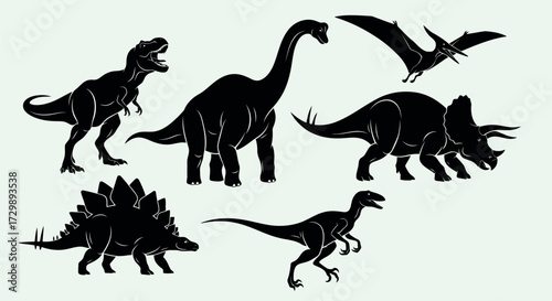 Vector art of silhouettes of various dinosaurs including trex, brontosaurus, pterodactyl, triceratops, stegosaurus, velociraptor