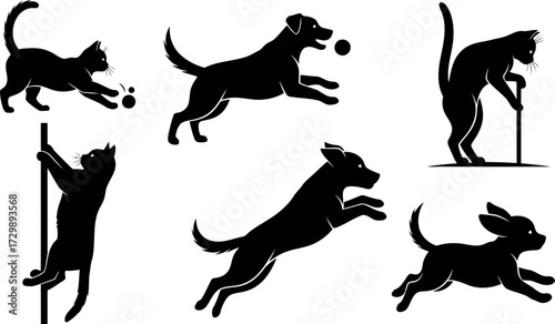 Vector art of collection of black cat and dog silhouettes in various playful poses