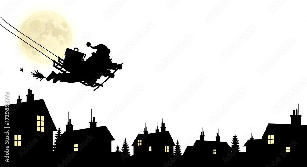Fototapeta premium Silhouette of santa claus riding on a swing over a town with a full moon in the background, creating a magical and festive christmas scene isolated on white background