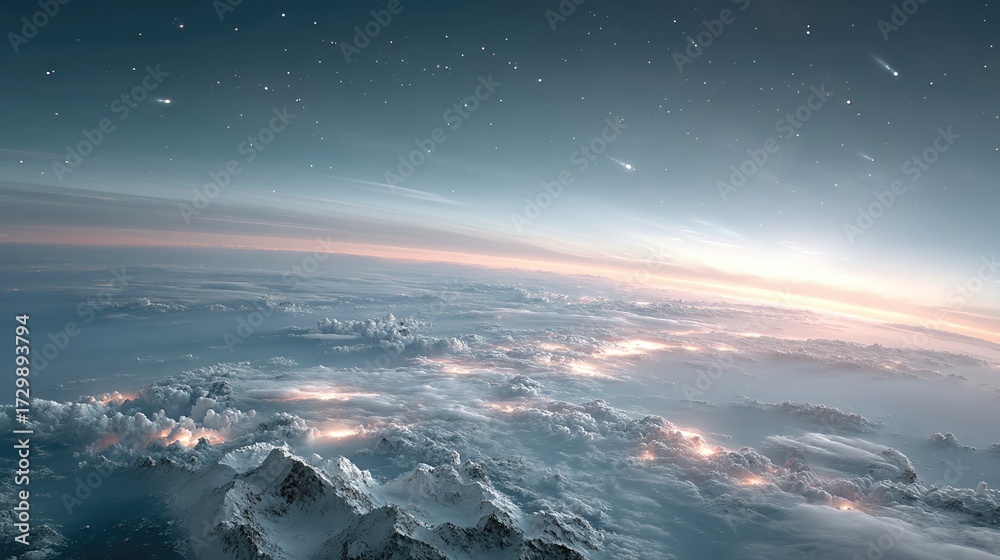 Fototapeta premium View of Planet Earth Glowing from Space Featuring Mountain Ranges and City Lights