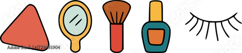 A colorful collection of illustrated beauty and makeup icons, including a sponge, mirror, brush, nail polish, and eyelashes.