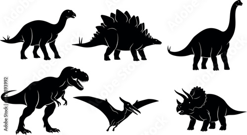 Vector art of silhouettes of various dinosaur species including tyrannosaurus rex and triceratops