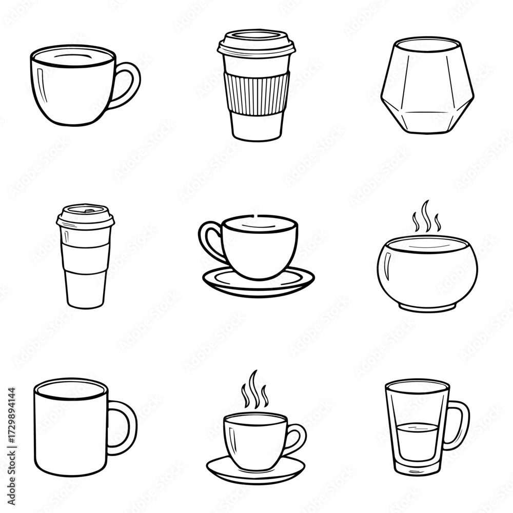 Obraz premium set of coffee cup line art vector design, coffee, cup, tea, vector, mug, drink, icon, cafe, set, illustration, hot, espresso, beverage, cappuccino, symbol, glass, silhouette, latte, design
