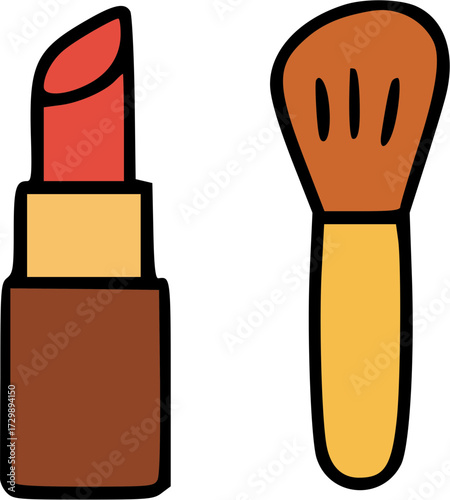 A simple cartoon illustration of a red lipstick and a makeup brush.