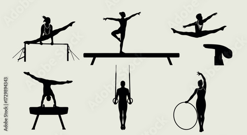 Vector art of set of silhouettes of gymnasts performing various exercises on different apparatus