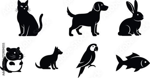Vector art of various domestic pet animal silhouettes