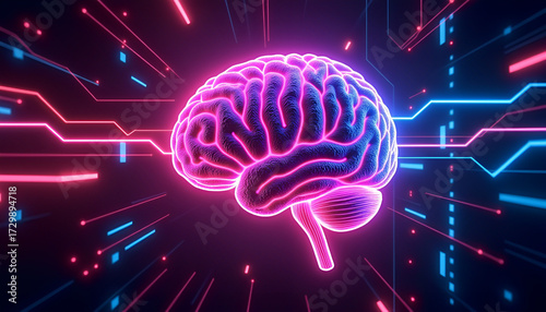 Futuristic Glowing Brain Illustration on Digital Tech Background