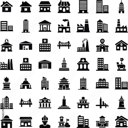 Collection of diverse building icons representing various architectural styles and functions
