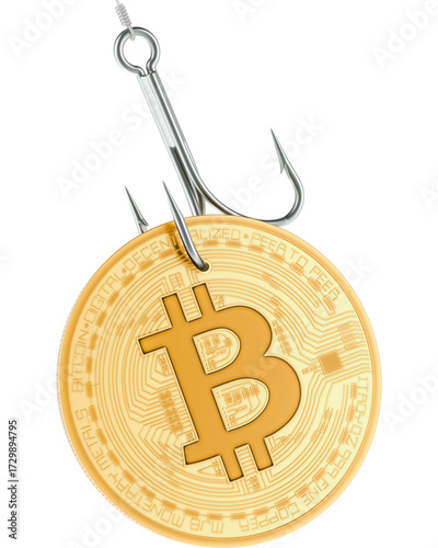 Bitcoin on the hook. Phishing concept, transparent background
