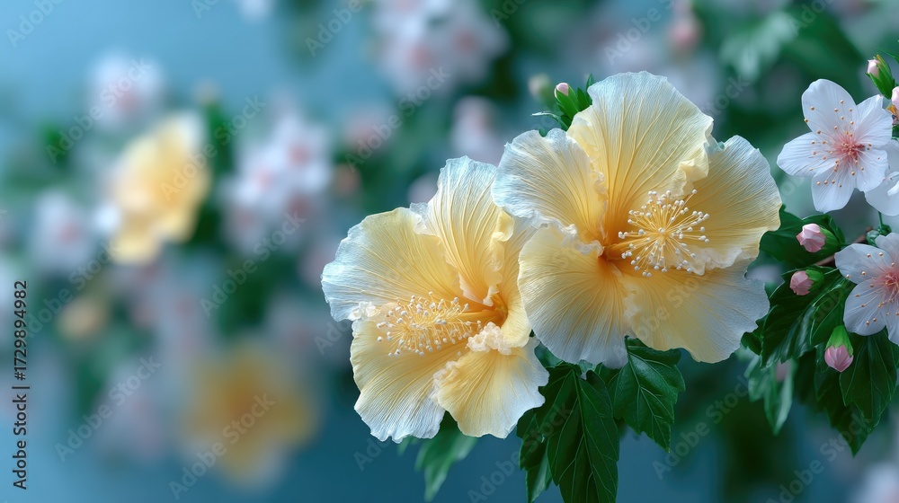 Obraz premium Vibrant Yellow Hibiscus Flowers with Delicate White Blooms on Teal Background with Soft Focus and Green Foliage for Floral Beauty