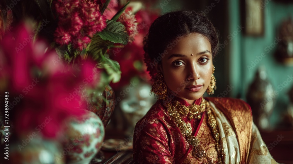 Fototapeta premium Elegant woman in traditional Indian attire amid vibrant floral arrangements
