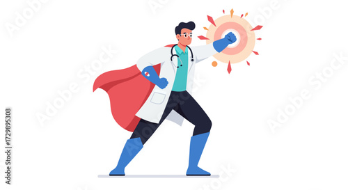 A cartoon doctor superhero stands in a dynamic pose with a cape glasses and a powerful gesture