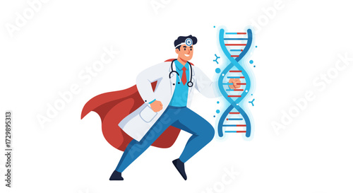A doctor dressed as a superhero standing next to a DNA strand
