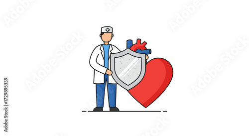 A doctor holds a shield to protect a large heart with arteries