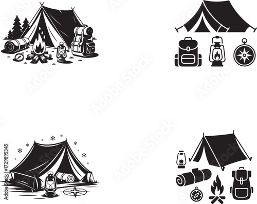 Camping scene with tent campfire and backpack lantern