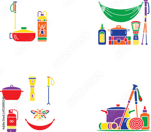 Colorful camping gear and insect repellent cooking pot
