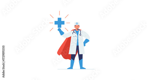 A doctor in a superhero costume holds a plus sign