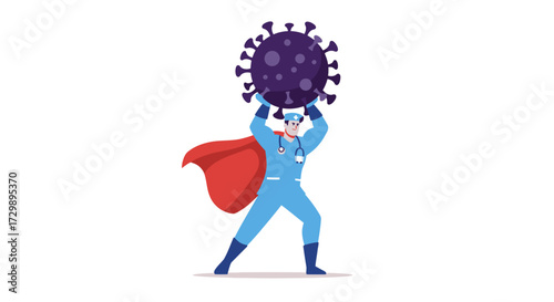 A doctor superhero in scrubs lifts a coronavirus ball above his head cape billowing