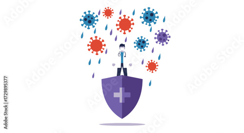 A doctor with a mask and stethoscope standing on a shield as multicolored virus particles rain down