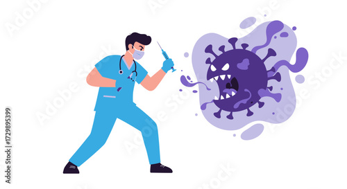 A medic masked faces off with a menacing purple virus syringe in hand
